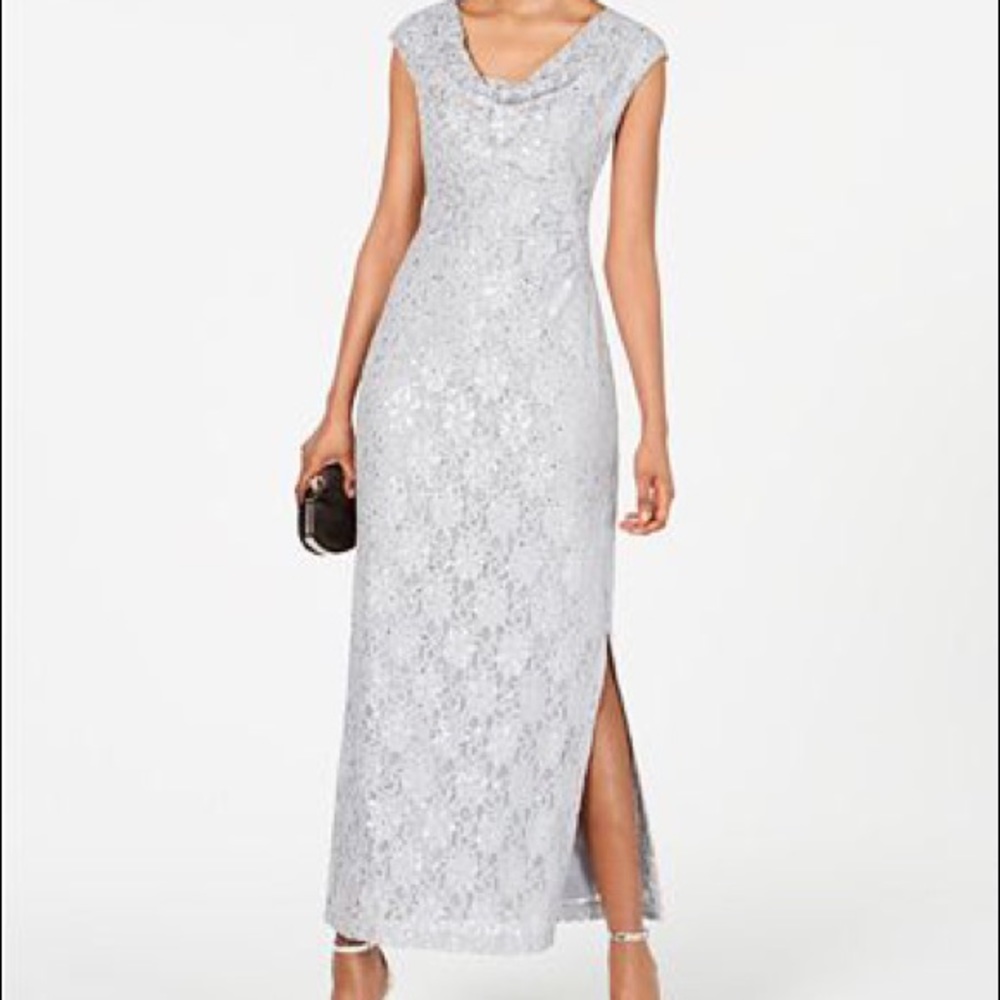 Silver Lace Sequined Cowl-Neck Slit Gown